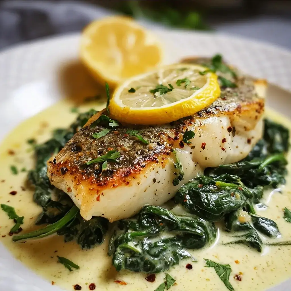 Lemon Garlic Sea Bass with Creamed Spinach Recipe Delight