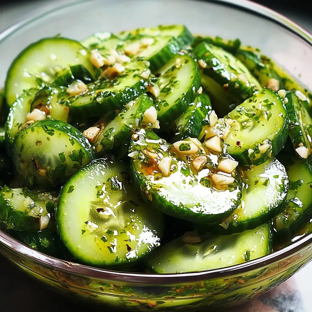 Crispy Cucumber Salad with Herb and Garlic Vinaigrette delightfully refreshes your meal!