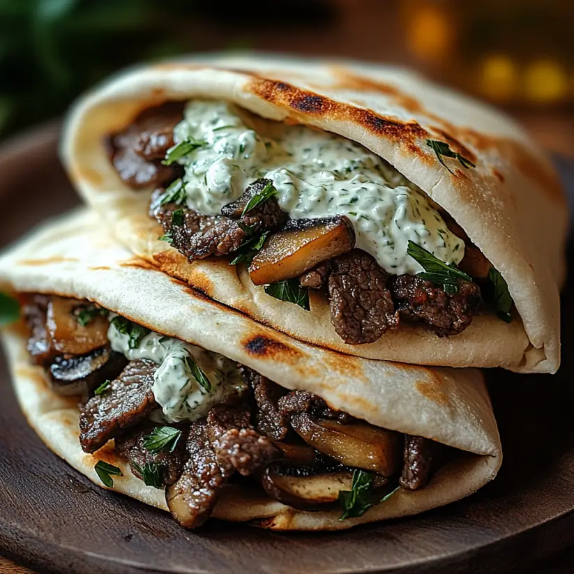 Cheesy Beef and Mushroom Pita Pockets with Tzatziki Sauce are Delicious!