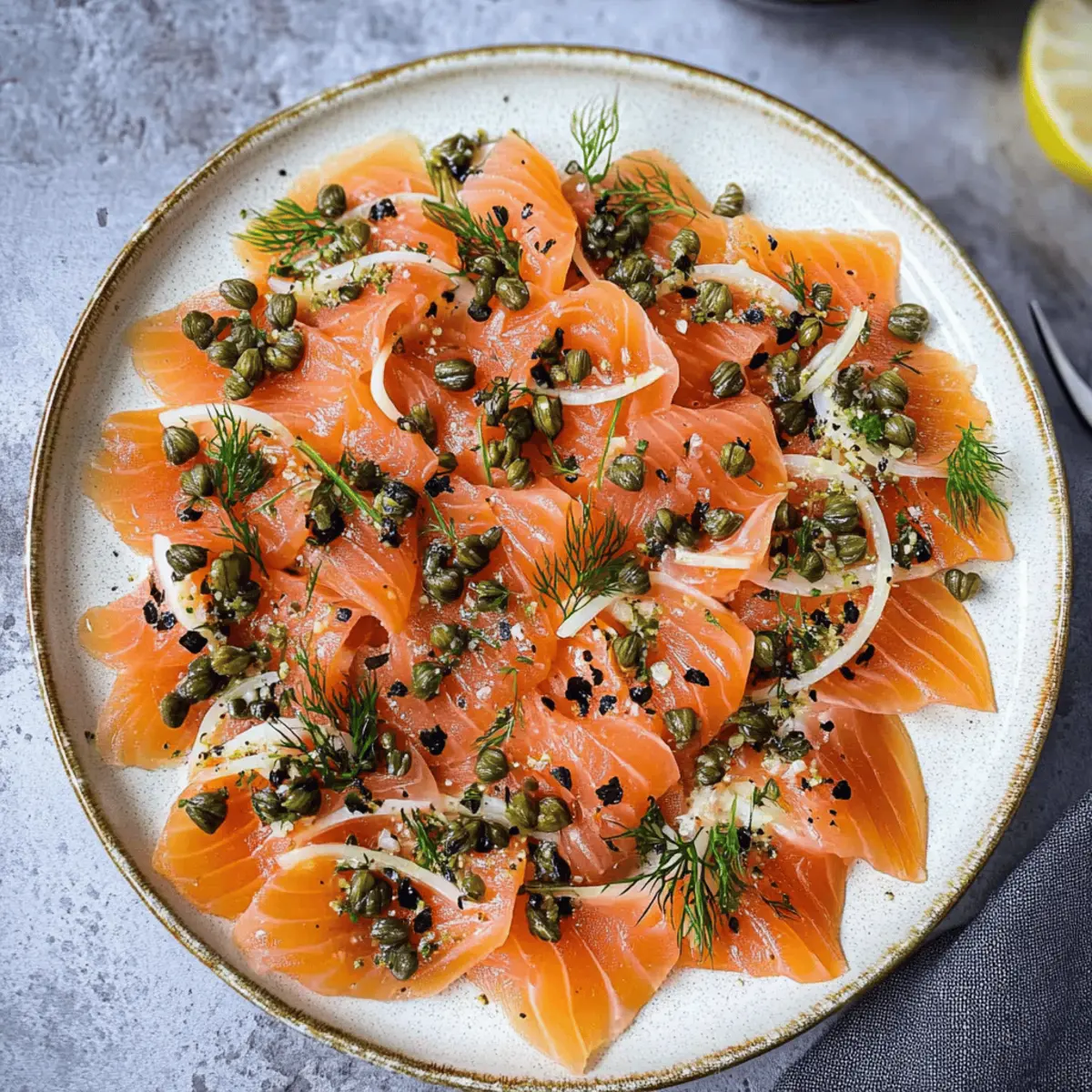 Smoked Salmon Carpaccio with Fried Capers and Fresh Herb Magic