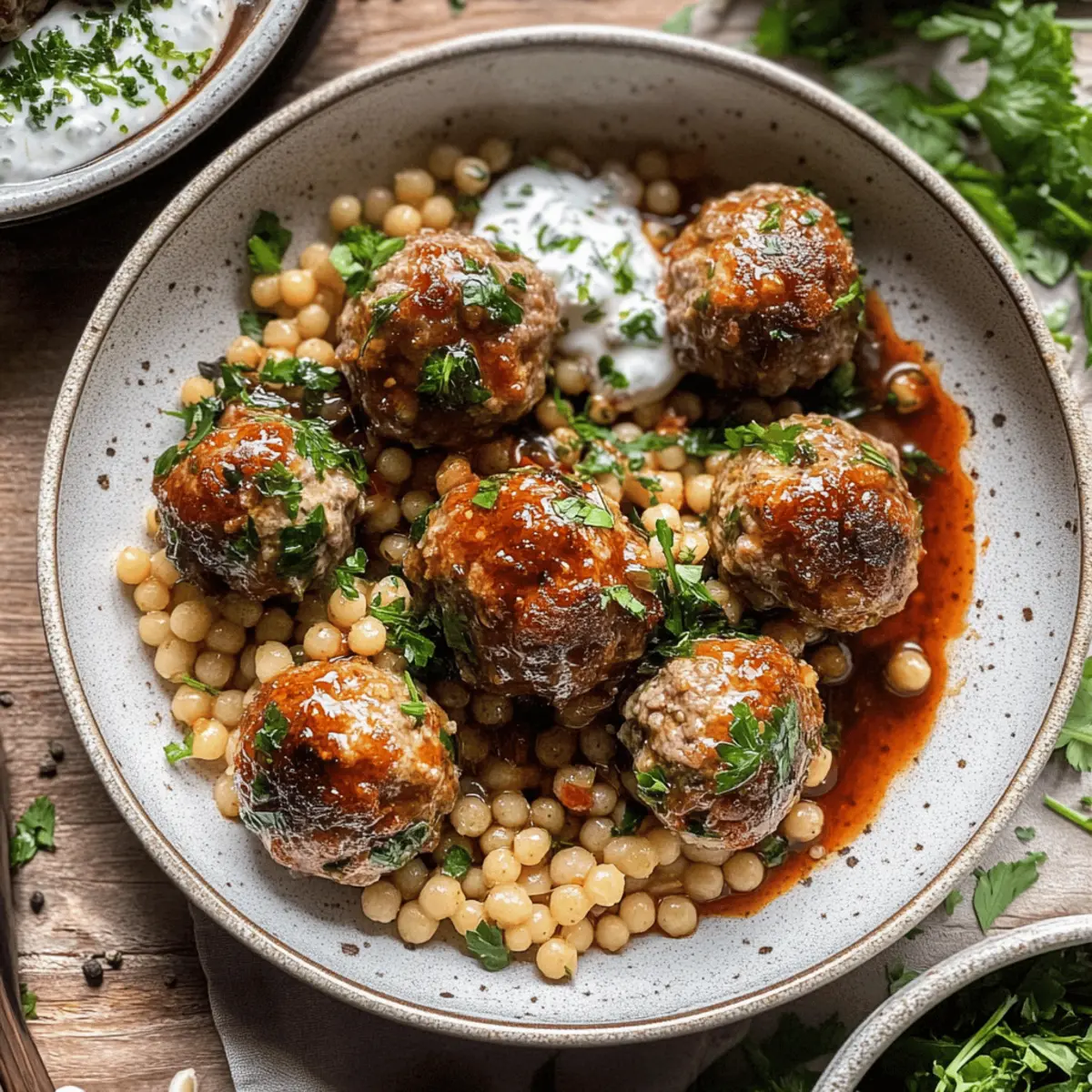 Harissa Meatballs with Fregola and Lemony Yogurt Delight