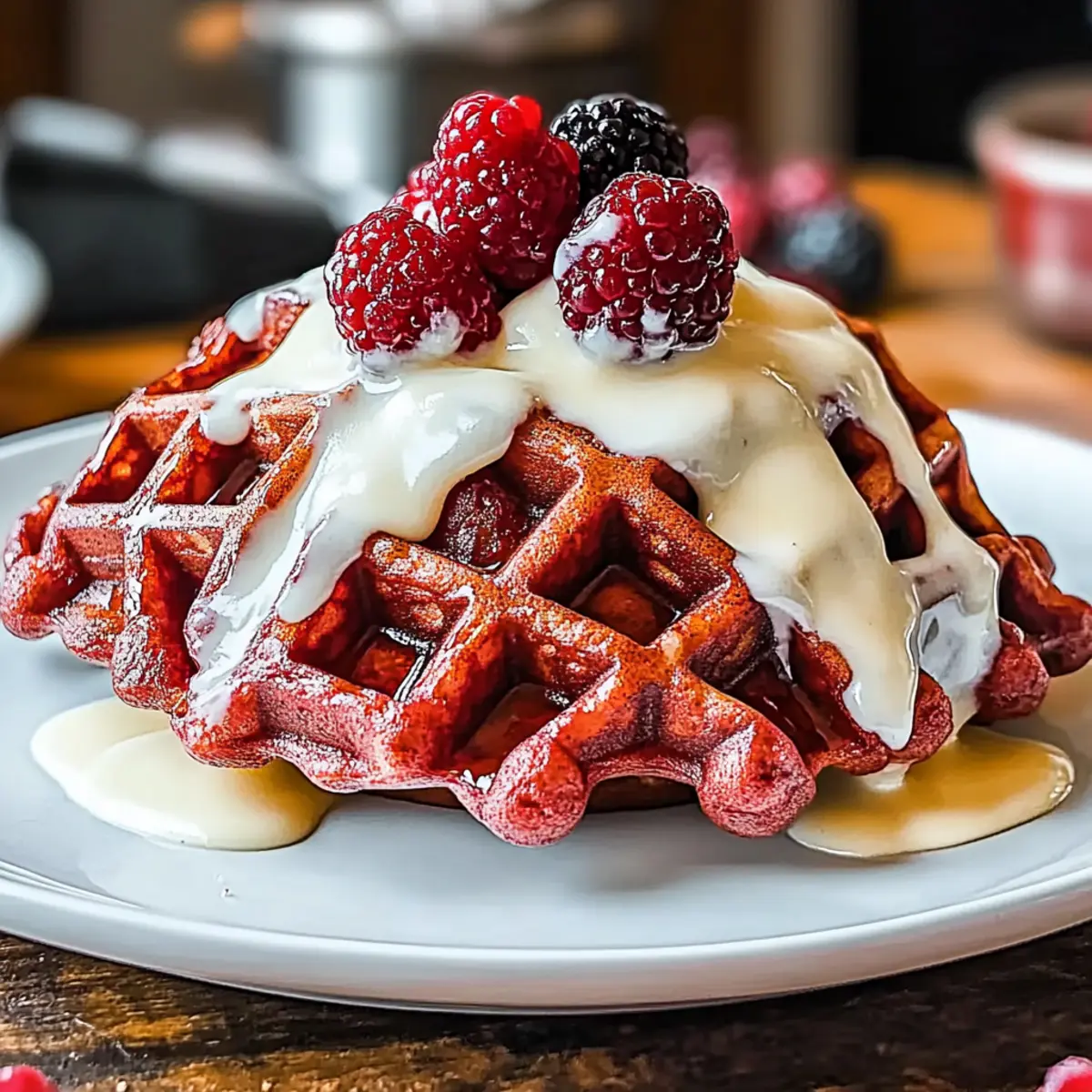 Fluffy Red Velvet Waffles with Cream Cheese Glaze Delight