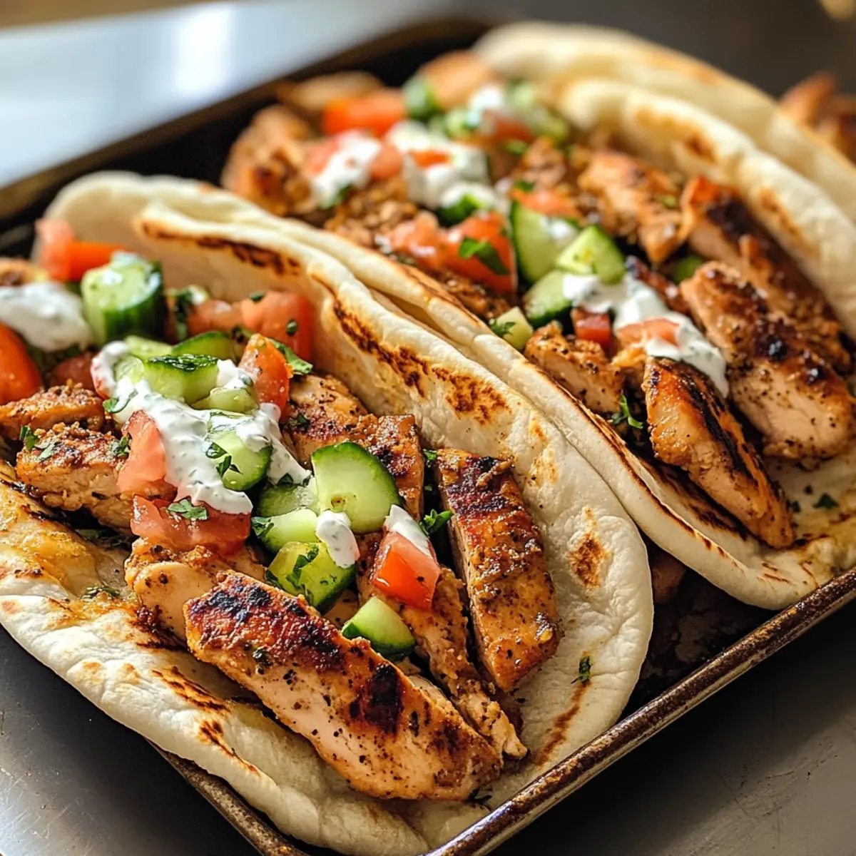 Sheet Pan Chicken Pitas with Creamy Garlic Sauce Delight