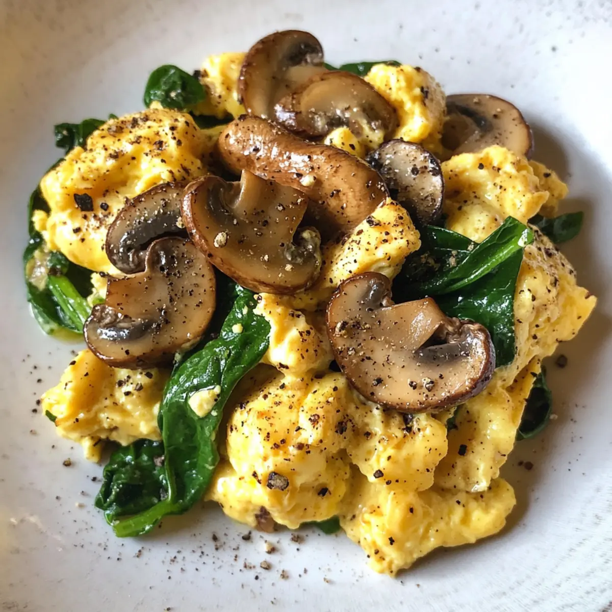 10-Minute High-Protein Scrambled Eggs with Mushrooms & Spinach Bliss